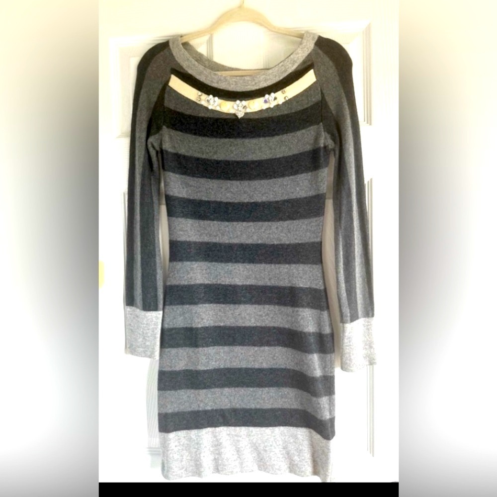 Y2K Blumarine Cashmere Wool Blend Striped  Dress w Embelished Neckline